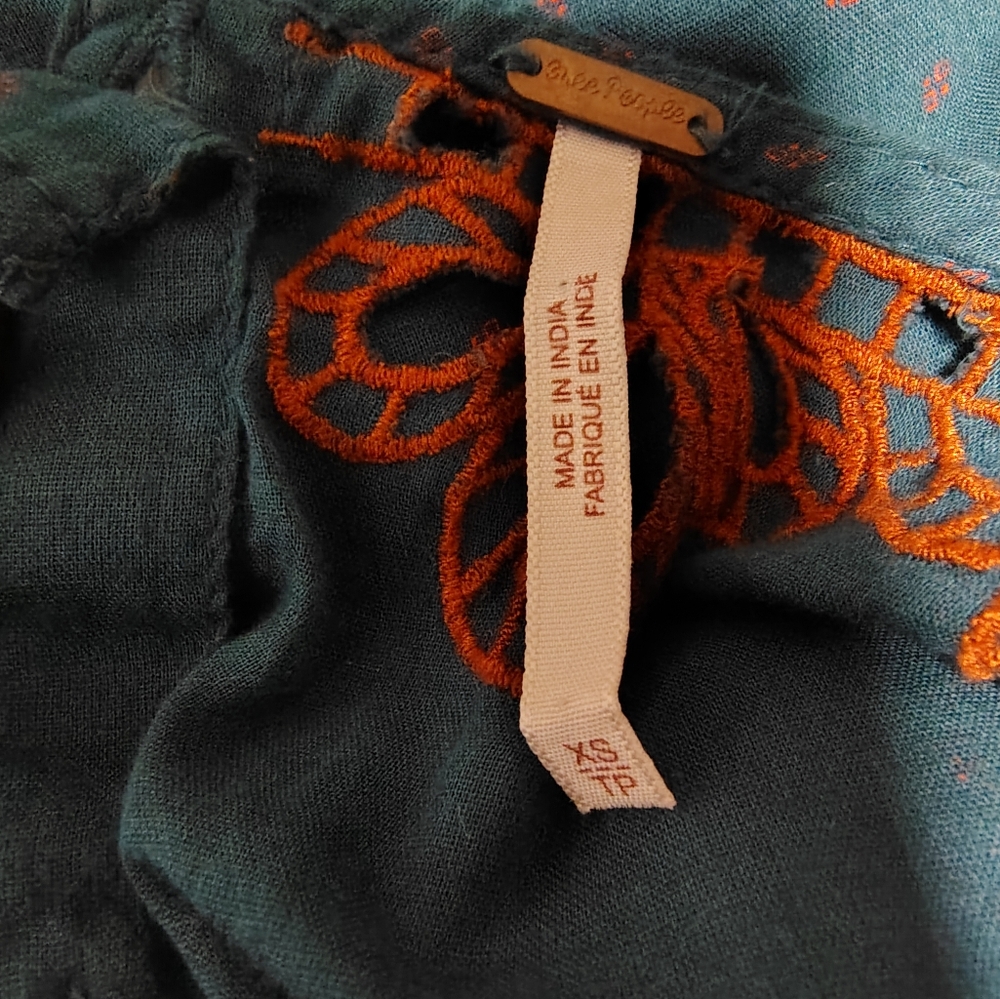Free People Everything I Know Embroidered Cuteork Teal Peasant Top Women's XS - Picture 9 of 11